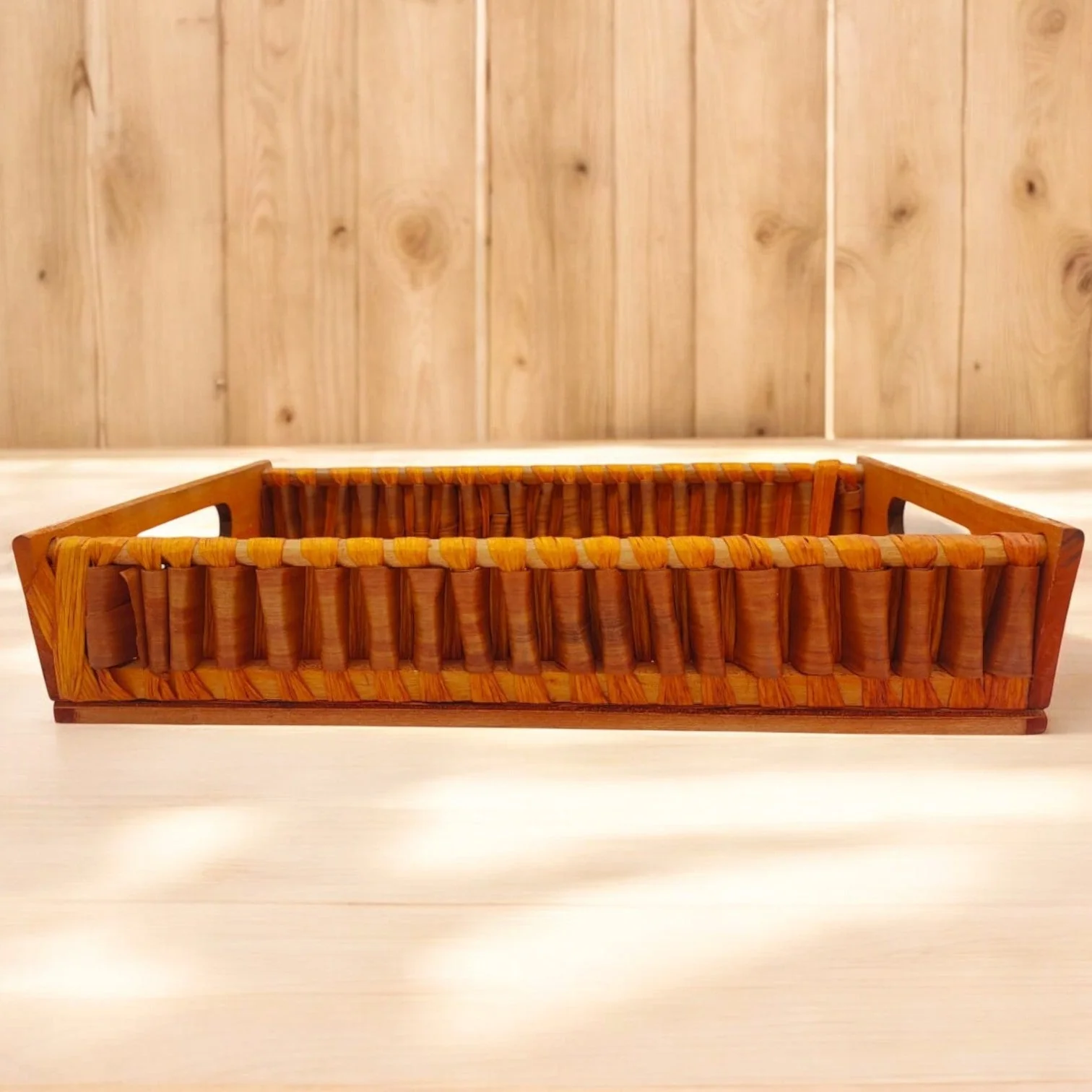 AKDC Wooden Tray Hand Woven Elegant Rattan Serving Tray Anti Breakage Desktop Organization for Balcony 38cmX25cmX8cm (Large) - Image 3