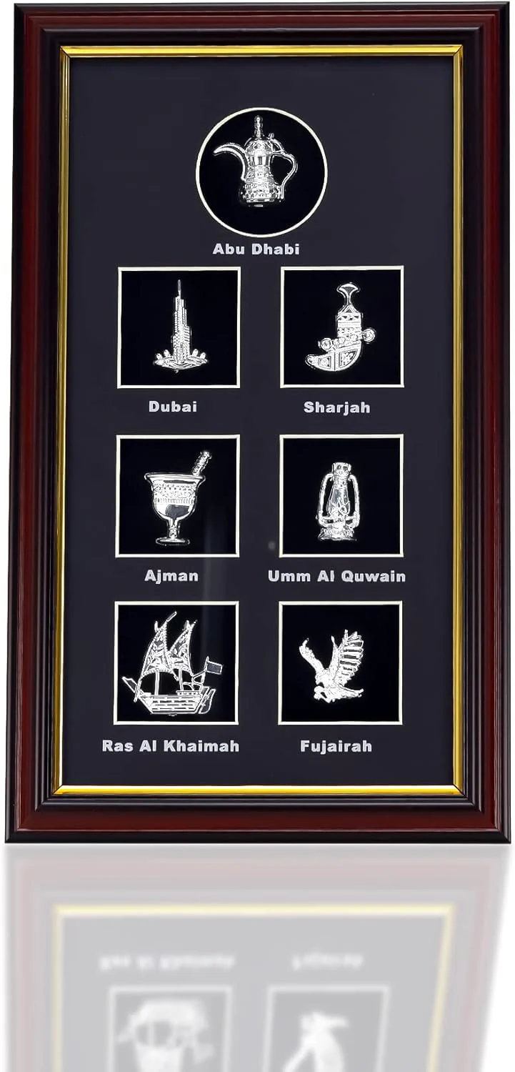 AKDC Wooden UAE Souvenir 7 House Glass Frame D‚cor United Arab Emirates - Abu Dhabi, Dubai, Sharjah, Ajman, Umm Al Quwain, Ras Al Khaimah, Fujairah, Burj Khalifa Home Office Decorations Tabletop Desktop