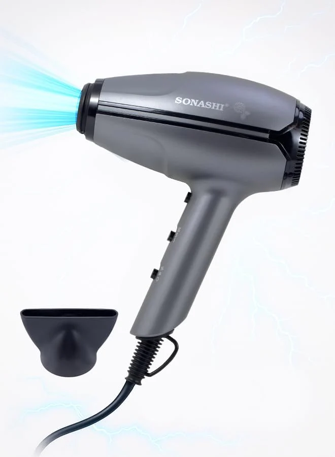 Sonashi Professional Hair Dryer With 2 Speed And 3 Heat Settings | Powerful Blow Dryer, Ionic Technology, Cool Shot Function, Lightweight And Stylish Design | Overheat Protection | SHD-5009 Grey 2400W