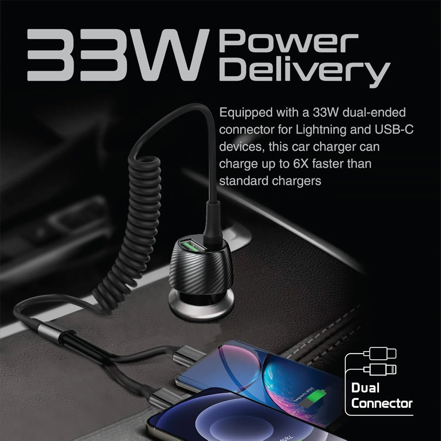 Promate Car Charger with Cable, Universal 33W Power Delivery DC Charger with Built-In 2-in-1 Splitter USB-C, Lightning Charging Coiled Cable and QC 3.0 USB Port for iPhone 17, Andriod PowerDrive-33DCI - Image 3