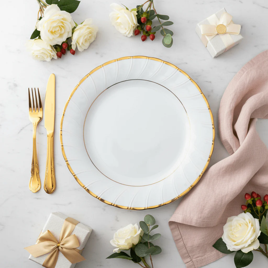 Yamatsu Premium White Porcelain Dinner Plate | 10" | Gold Rim | Fine Dining & Gifting - Image 3
