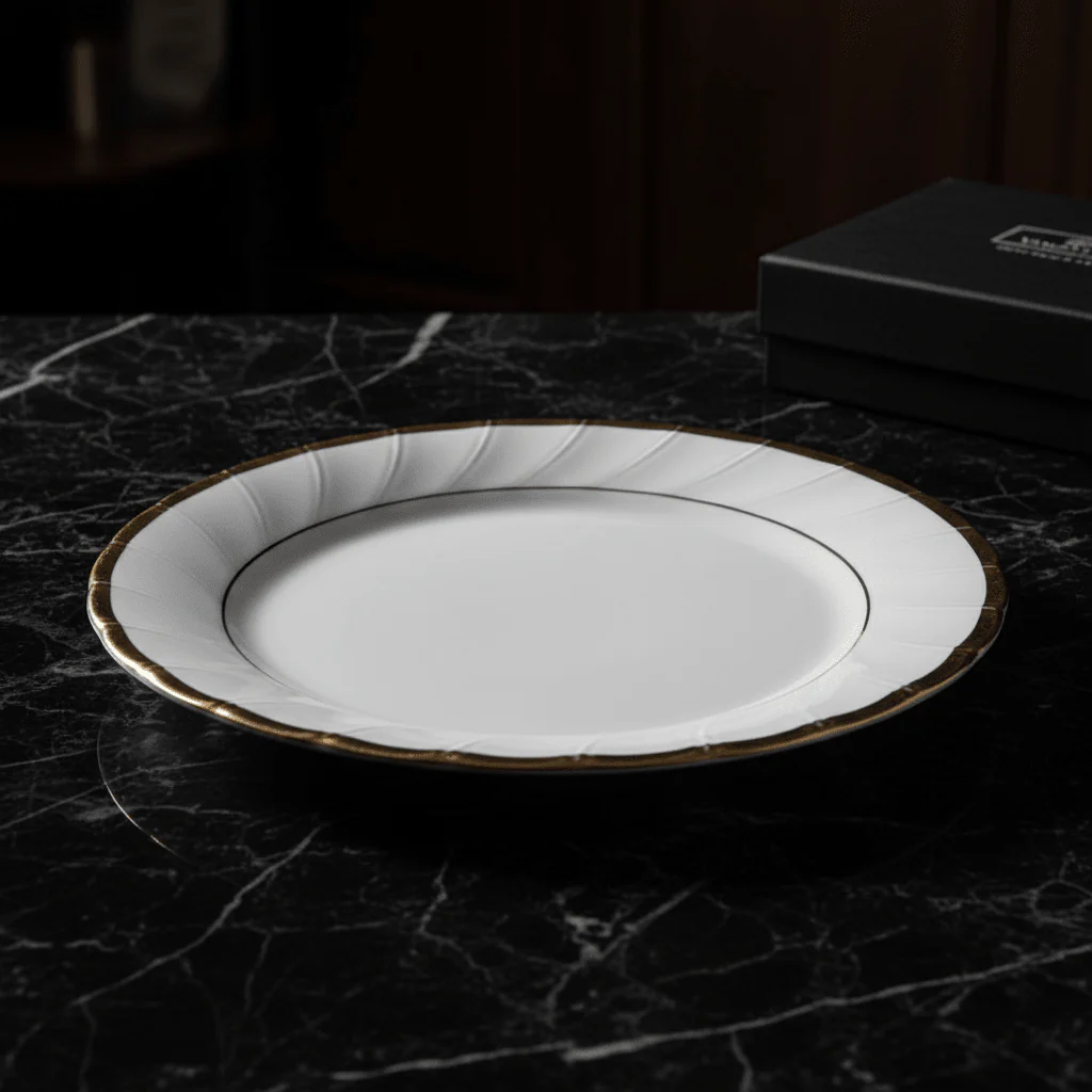 Yamatsu White Porcelain Meat Plate with Golden Rim — 7.5 Inch | Premium Dining Serveware - Image 4