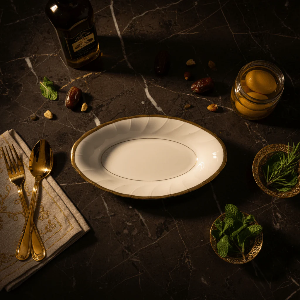 Yamatsu White Porcelain Pickle Dish with Golden Rim — 8 Inch | Premium Serving Dish - Image 3