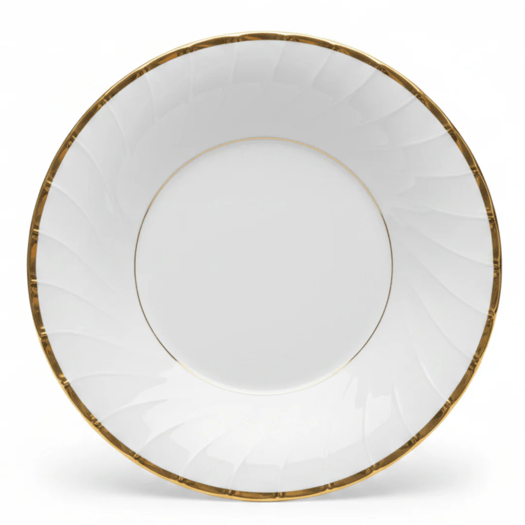 Yamatsu White Porcelain Soup Plate with Golden Rim — 9 Inch