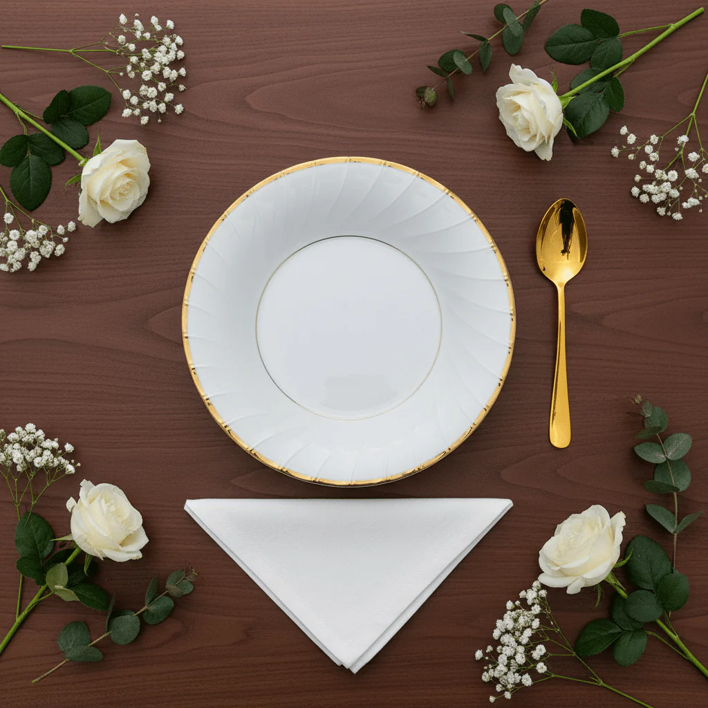 Yamatsu White Porcelain Soup Plate with Golden Rim — 9 Inch - Image 3