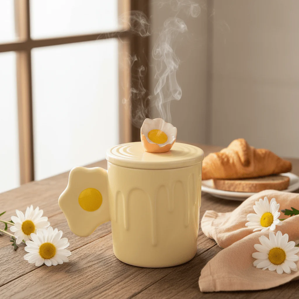 Daisy Bloom Ceramic Mug With Lid — 350ml | Cream Yellow - Image 2