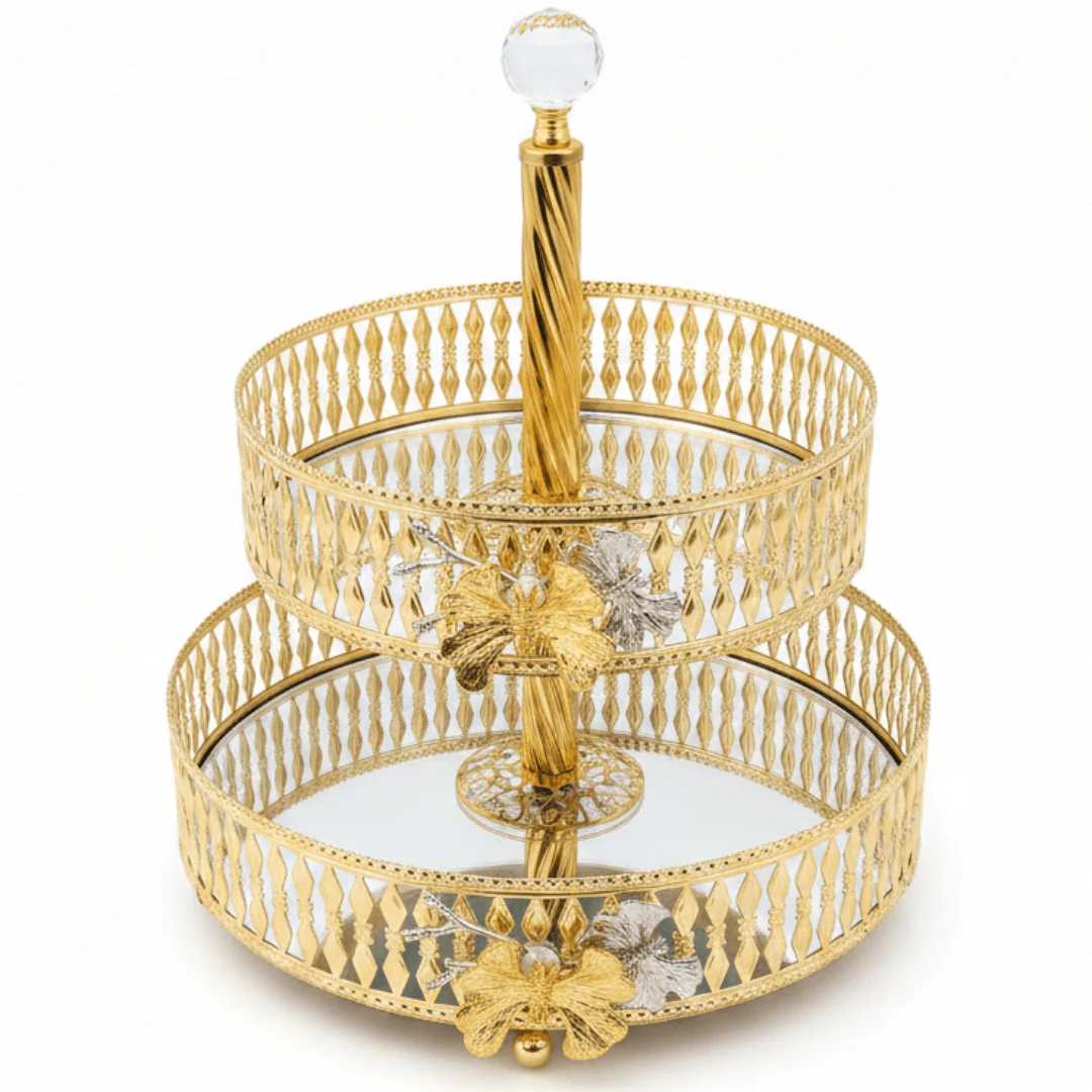Yilsa Round 2-Tier Glass Fruit Stand with Gold Metal Frame – Stylish Dessert & Fruit Serving Tray for Home Décor – 20 × 25 × 30 cm
