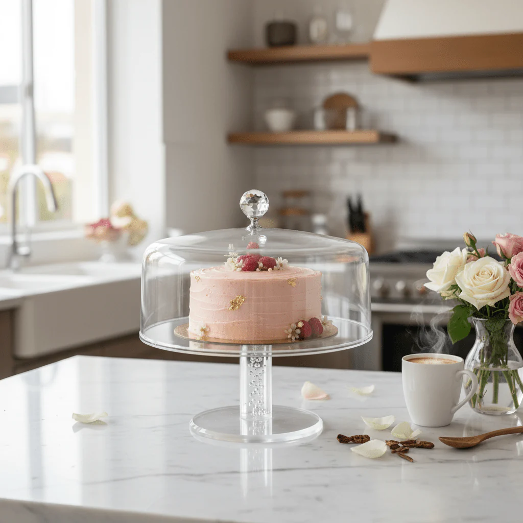 Yuniverse acrylic cake plate with Yuniverse Acrylic Cake Plate with Dome Cover | 20×23cm | Crystal Knob | Clear Pedestal Stand20*23cm - Image 2