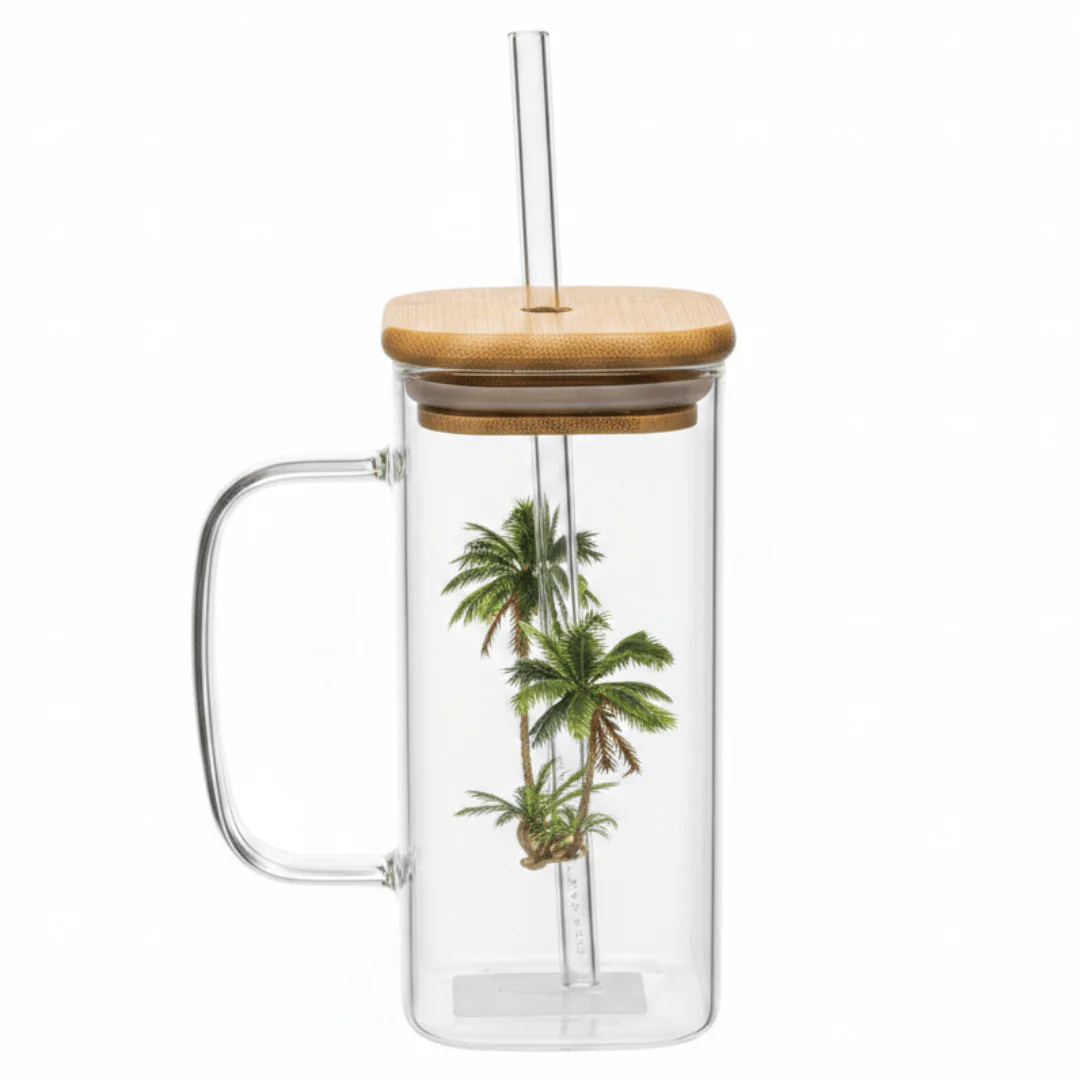 Yuniverse Clear Glass Mug with Straw & Natural Bamboo Lid – 360 ml