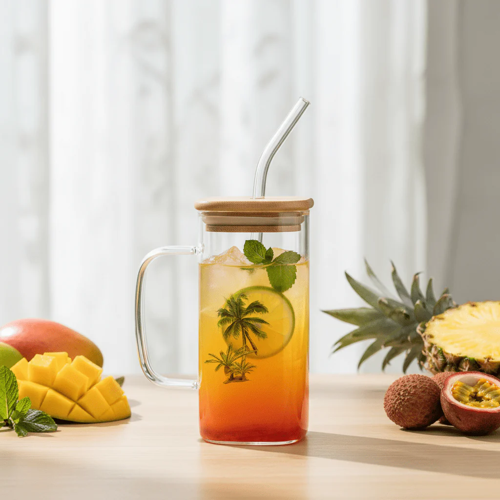 Yuniverse Clear Glass Mug with Straw & Natural Bamboo Lid – 360 ml - Image 2