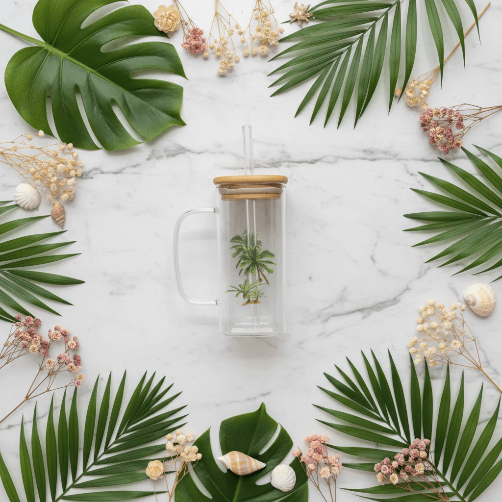 Yuniverse Clear Glass Mug with Straw & Natural Bamboo Lid – 360 ml - Image 3