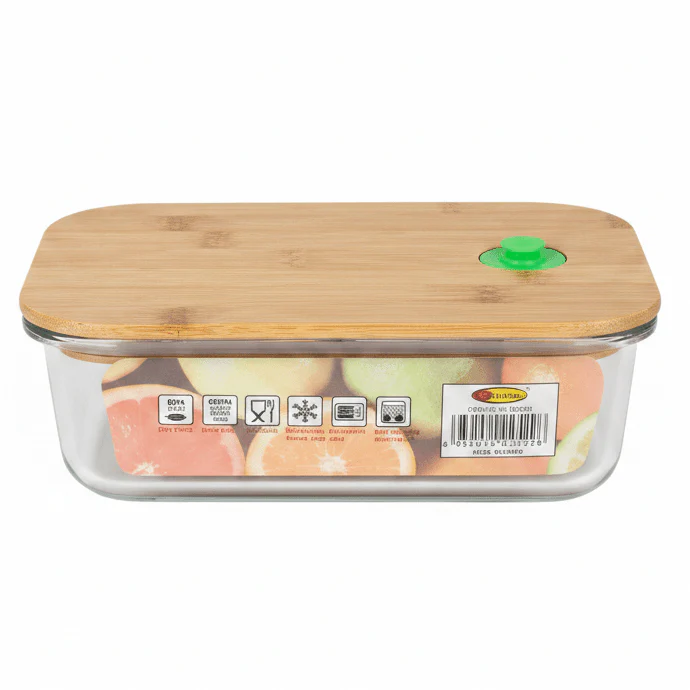Yuniverse Large Rectangular Glass Storage Container with Bamboo Lid – Elegant and Sustainable – 20 × 14.5 cm