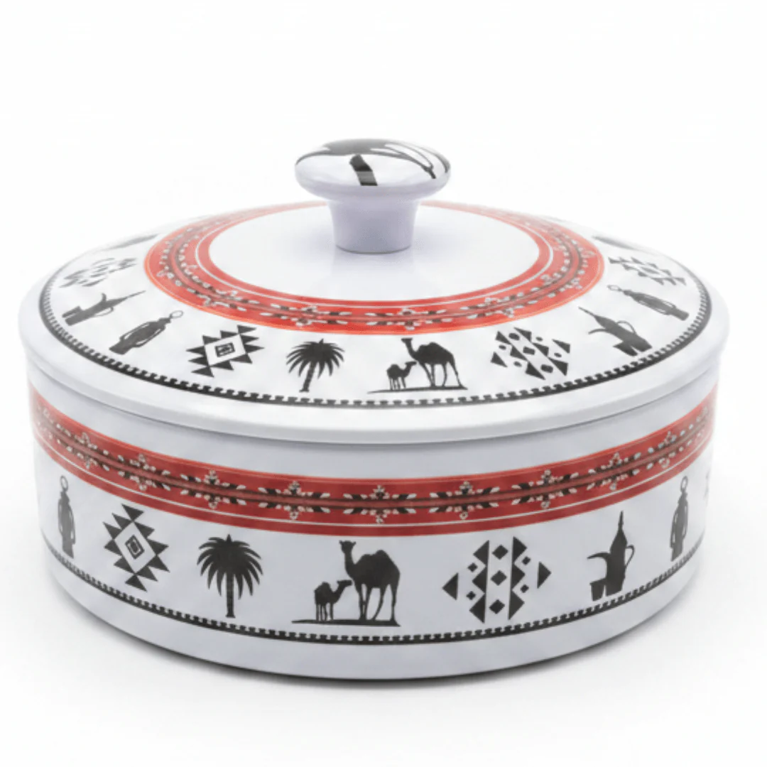 Yuniverse Melamine Round Dates Bowl with Lid | Arabian Heritage Camel & Palm Tree Design | 18×6 cm