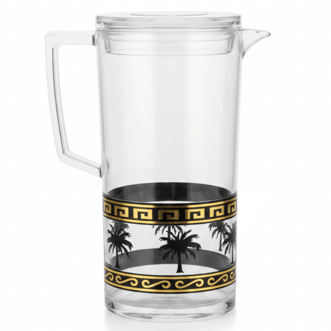 Yuniverse Palm Oasis Designer Clear Acrylic Beverage Jug with Black Palm Tree Tropical Print – 2 Litre