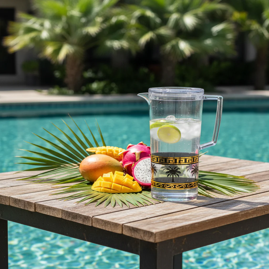Yuniverse Palm Oasis Designer Clear Acrylic Beverage Jug with Black Palm Tree Tropical Print – 2 Litre - Image 2
