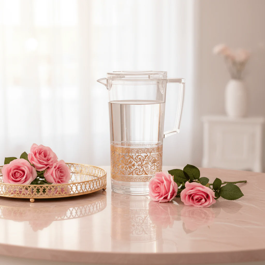 Yuniverse Rose Luxe Premium Clear Acrylic Serving Jug with Metallic Rose Gold Decorative Finish – 2 Litre - Image 2