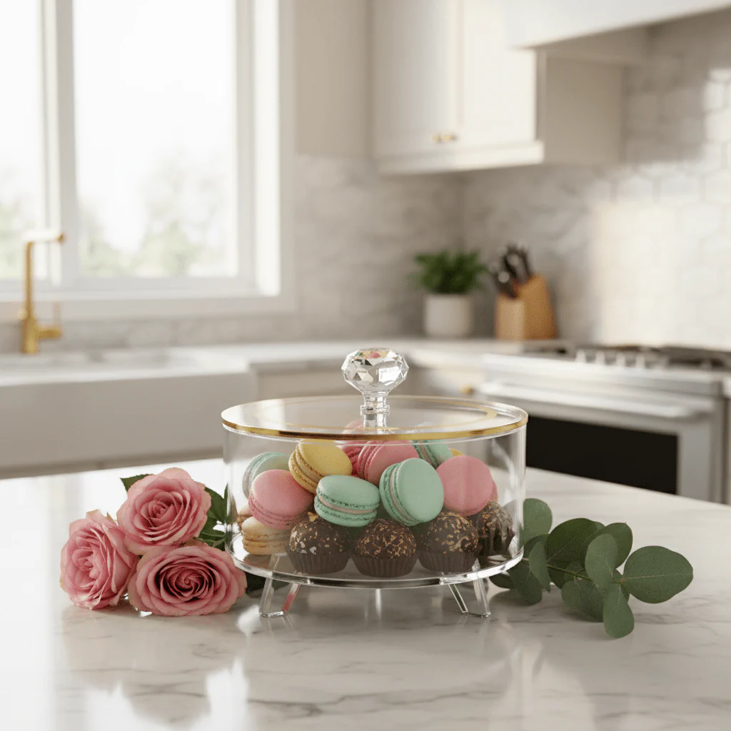 Yuniverse Round Acrylic Candy Box with Lid | Crystal Knob | Gold Rim | 16×10 cm - Image 2