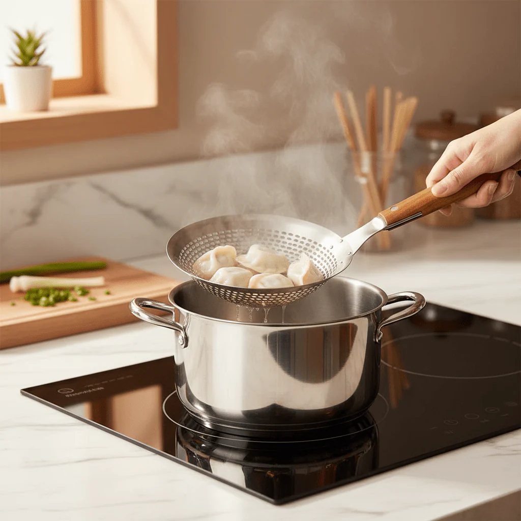 Yuniverse Large Stainless Steel Colander with Wooden Handle – 20cm Head | 44cm Long - Image 2