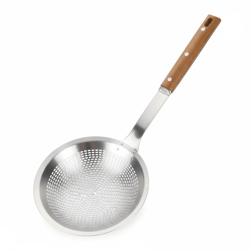 Yuniverse Stainless Steel Colander with Wooden Handle – 22cm Head | 58cm Long