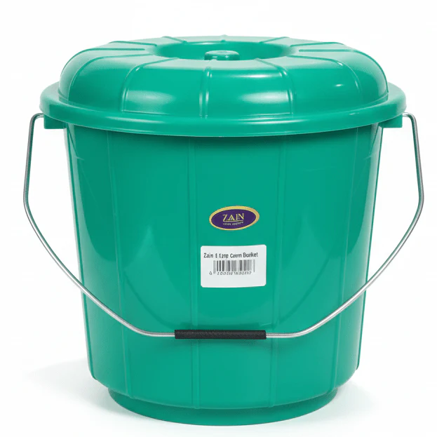 Zain Plastic Bucket with Lid – 5L – Green – Durable Storage Bucket for Water, Cleaning & Washing