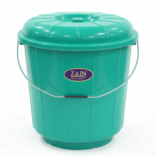 Zain Plastic Bucket with Lid – 22L – Green – Durable Large Bucket for Water Storage & Household Tasks
