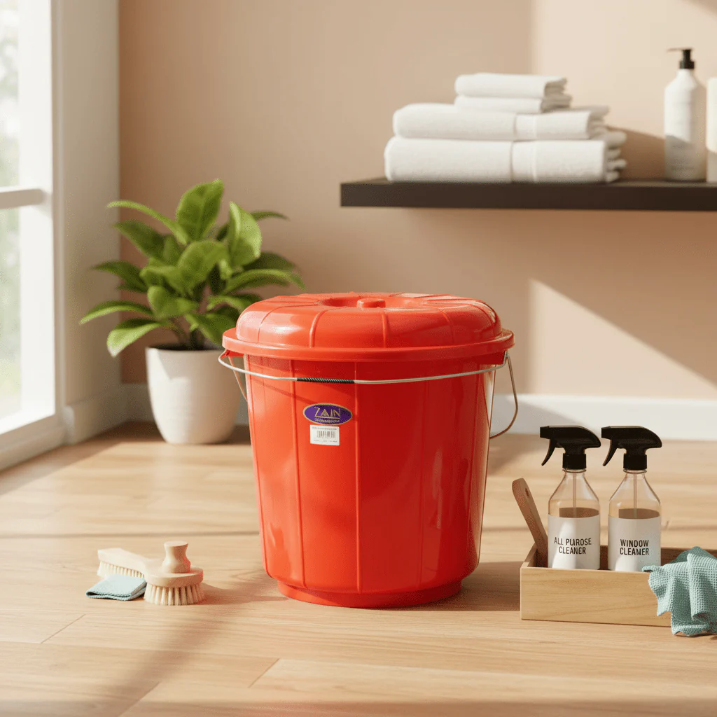 Zain Plastic Bucket with Lid – 20L – Red – Strong Utility Bucket for Cleaning, Storage & Household Use - Image 2
