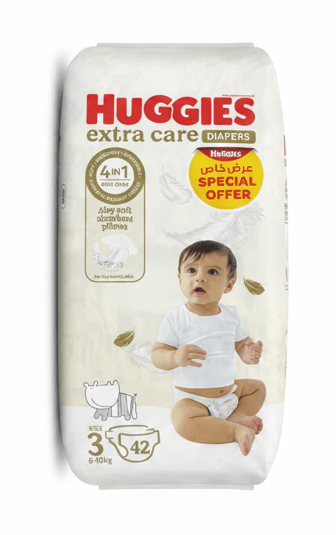 Huggies Extra Care Diapers | Size 3 (6–10 kg) | 42 Pcs | 4-in-1 Skin Care | Airy Soft Absorbent Pillows | Dermatologically Tested