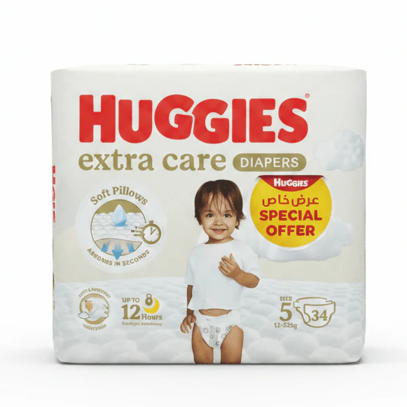 Huggies Extra Care Diapers | Size 5 (12–22 kg) | 34 Pcs | Soft Pillows Technology | Up to 12 Hours Overnight Protection