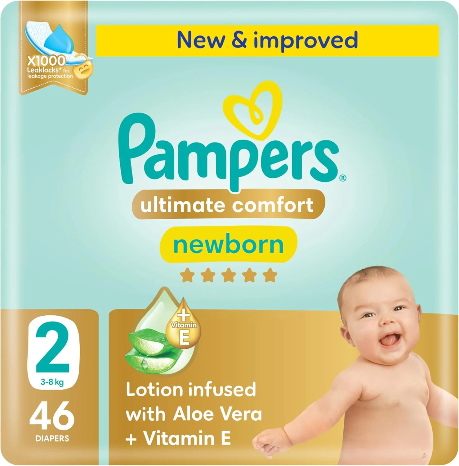 Pampers Ultimate Comfort Taped Diapers, Size 2, 3-8kg, Lotion infused with Aloe Vera and Vitamin E, x1000 Leak Locks Technology for Leakage Protection, MIP, 46 Count