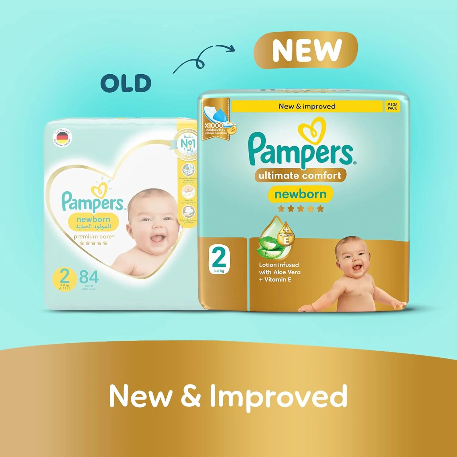 Pampers Ultimate Comfort Taped Diapers, Size 2, 3-8kg, Lotion infused with Aloe Vera and Vitamin E, x1000 Leak Locks Technology for Leakage Protection, MIP, 46 Count - Image 2
