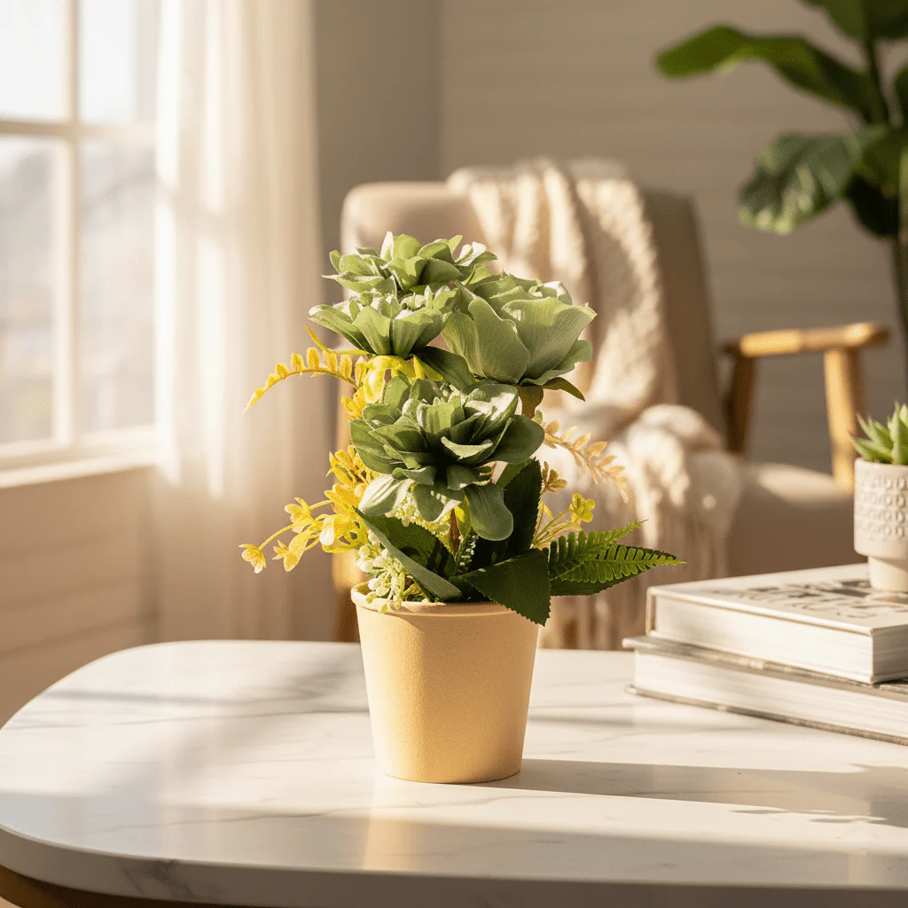 Zeem Artificial Green Flower Plant with Brown Paper Pot – 28 × 9 cm Natural Look Indoor Decoration - Image 2