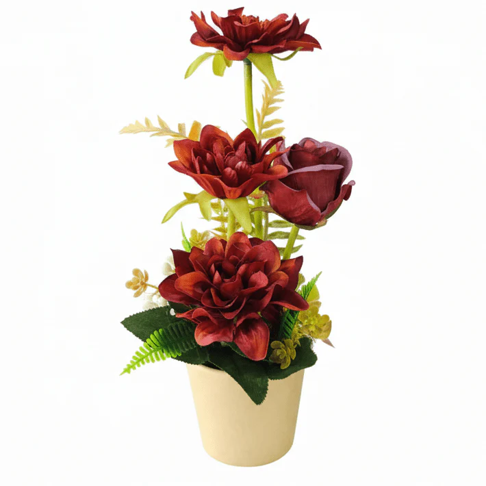 Zeem Artificial Red Flower Plant with Brown Paper Pot – 28 × 9 cm Elegant Decorative Table & Shelf Accent