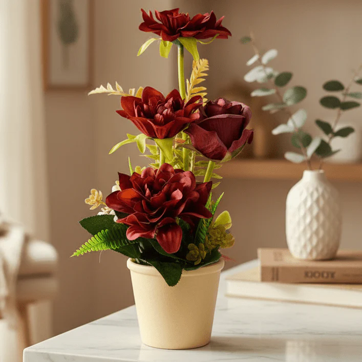 Zeem Artificial Red Flower Plant with Brown Paper Pot – 28 × 9 cm Elegant Decorative Table & Shelf Accent - Image 3
