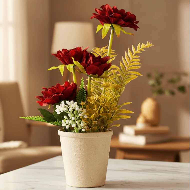 Zeem Artificial Red Flower Plant with Brown Paper Pot – 28 × 9 cm Elegant Decorative Table & Shelf Accent - Image 4
