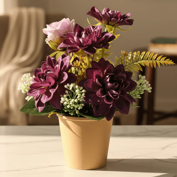 Zeem Artificial Violet Flower Plant with Brown Paper Pot – 28 × 9 cm Stylish Home & Office Table Décor - Image 2