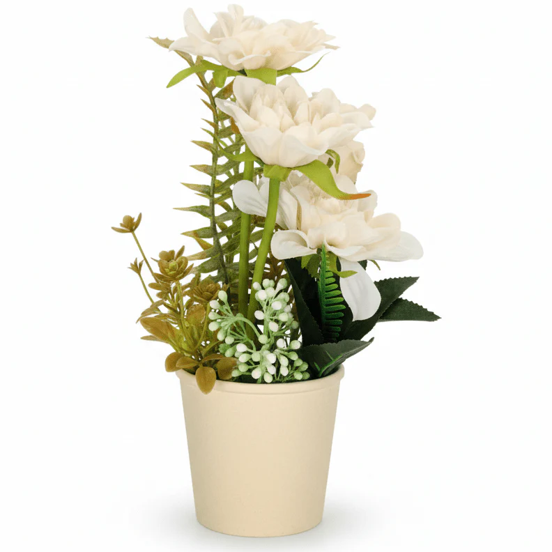 Zeem Artificial White Floral Plant with Brown Paper Pot – 28 × 9 cm Minimalist Indoor Decorative Accent