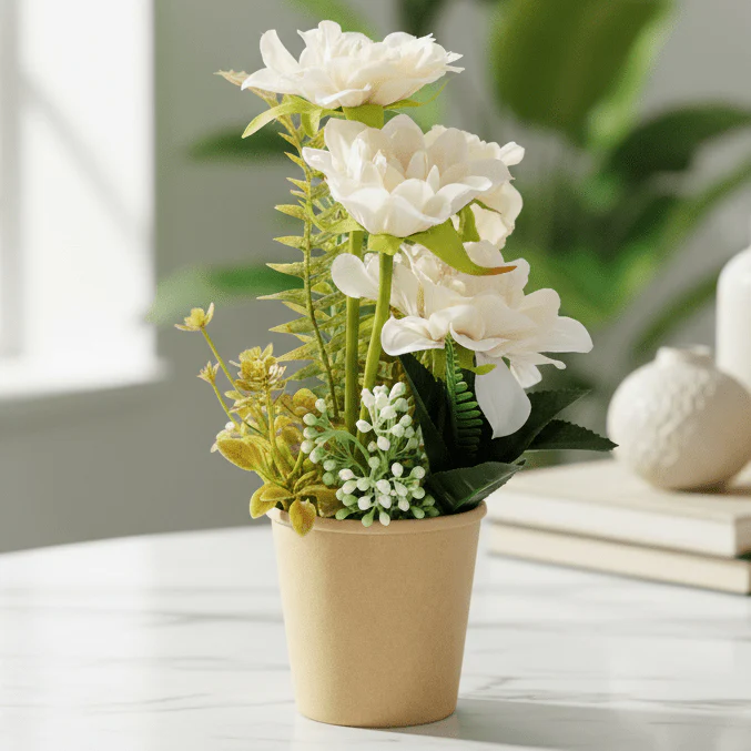 Zeem Artificial White Floral Plant with Brown Paper Pot – 28 × 9 cm Minimalist Indoor Decorative Accent - Image 3