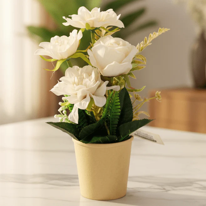 Zeem Artificial White Floral Plant with Brown Paper Pot – 28 × 9 cm Minimalist Indoor Decorative Accent - Image 4