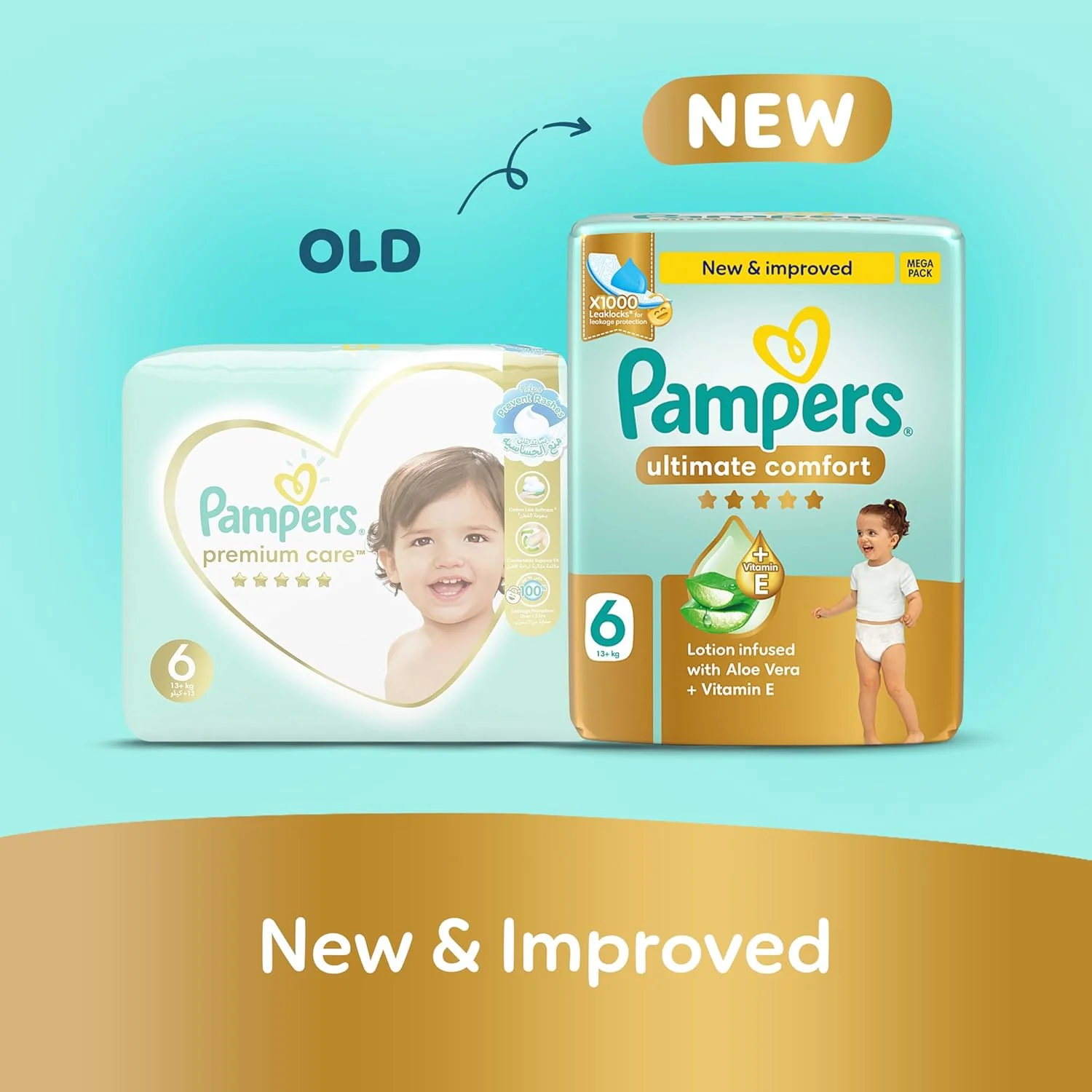 Pampers Ultimate Comfort Taped Diapers, Size 6, 13+kg, Lotion infused with Aloe Vera and Vitamin E, x1000 Leak Locks Technology for Leakage Protection, Mega Pack, 36 Count - Image 2