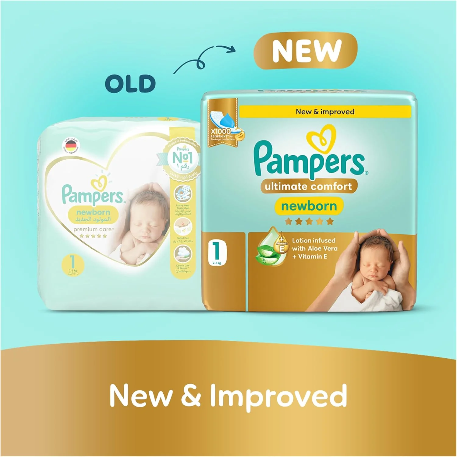 Pampers Ultimate Comfort Taped Diapers, Size 1, 2-5kg, Lotion infused with Aloe Vera and Vitamin E, x1000 Leak Locks Technology for Leakage Protection, Carry Pack, 22 Count - Image 2