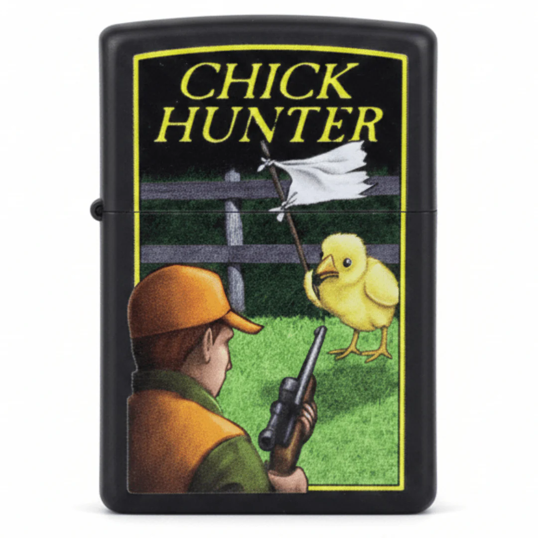 Zippo Black Flip Top Refillable Metal Lighter Chick Hunter Design 6×4 cm