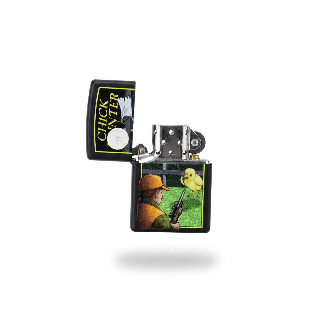 Zippo Black Flip Top Refillable Metal Lighter Chick Hunter Design 6×4 cm - Image 3
