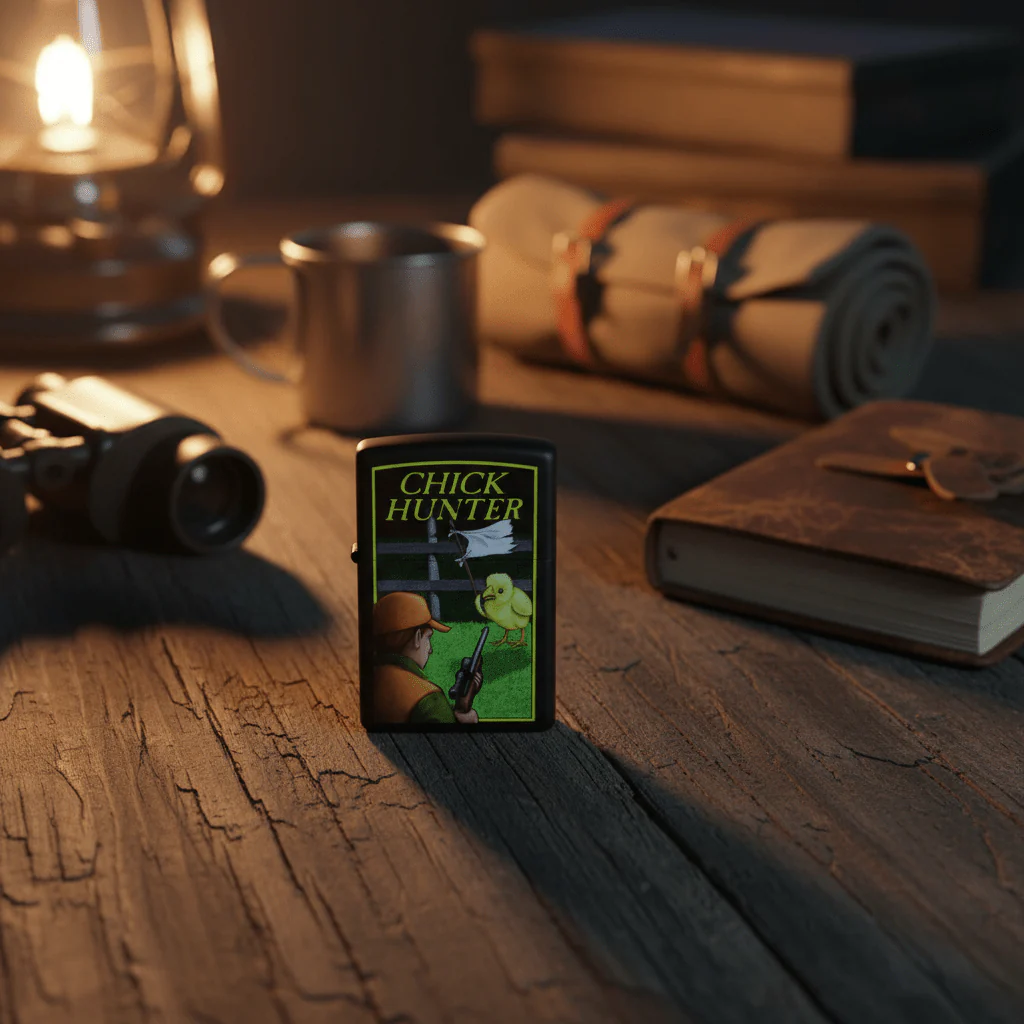 Zippo Black Flip Top Refillable Metal Lighter Chick Hunter Design 6×4 cm - Image 4
