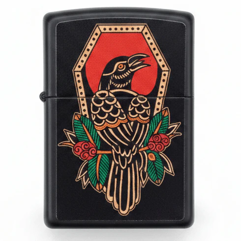 Zippo Black Flip Top Refillable Metal Lighter Crow Tattoo Style Artwork 6×4 cm