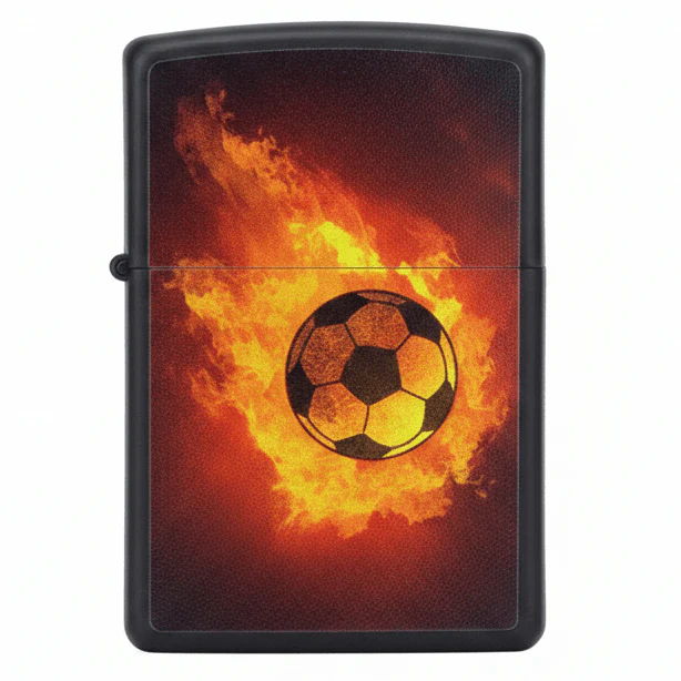 Zippo Black Flip Top Refillable Metal Lighter Flaming Soccer Ball Sports Design 6×4 cm