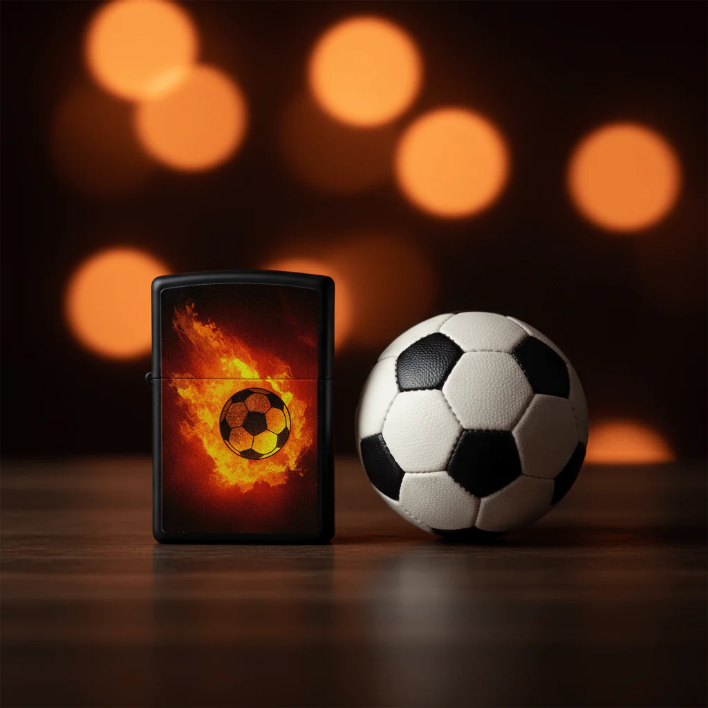 Zippo Black Flip Top Refillable Metal Lighter Flaming Soccer Ball Sports Design 6×4 cm - Image 3
