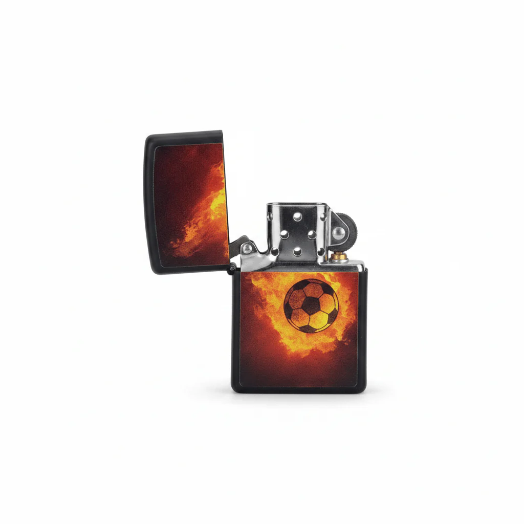 Zippo Black Flip Top Refillable Metal Lighter Flaming Soccer Ball Sports Design 6×4 cm - Image 4
