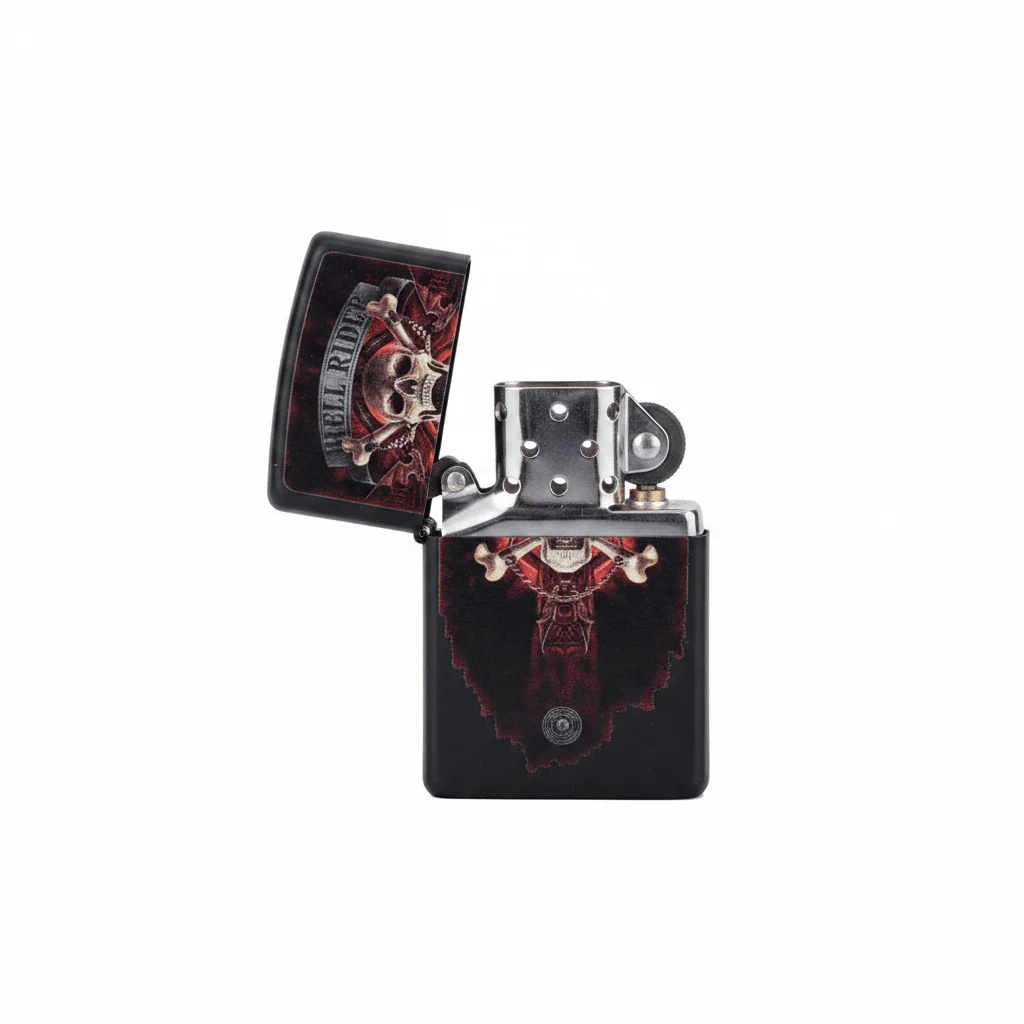 Zippo Black Flip Top Refillable Metal Lighter Hell Rider Skull Artwork Heavy Duty 6×4 cm - Image 3