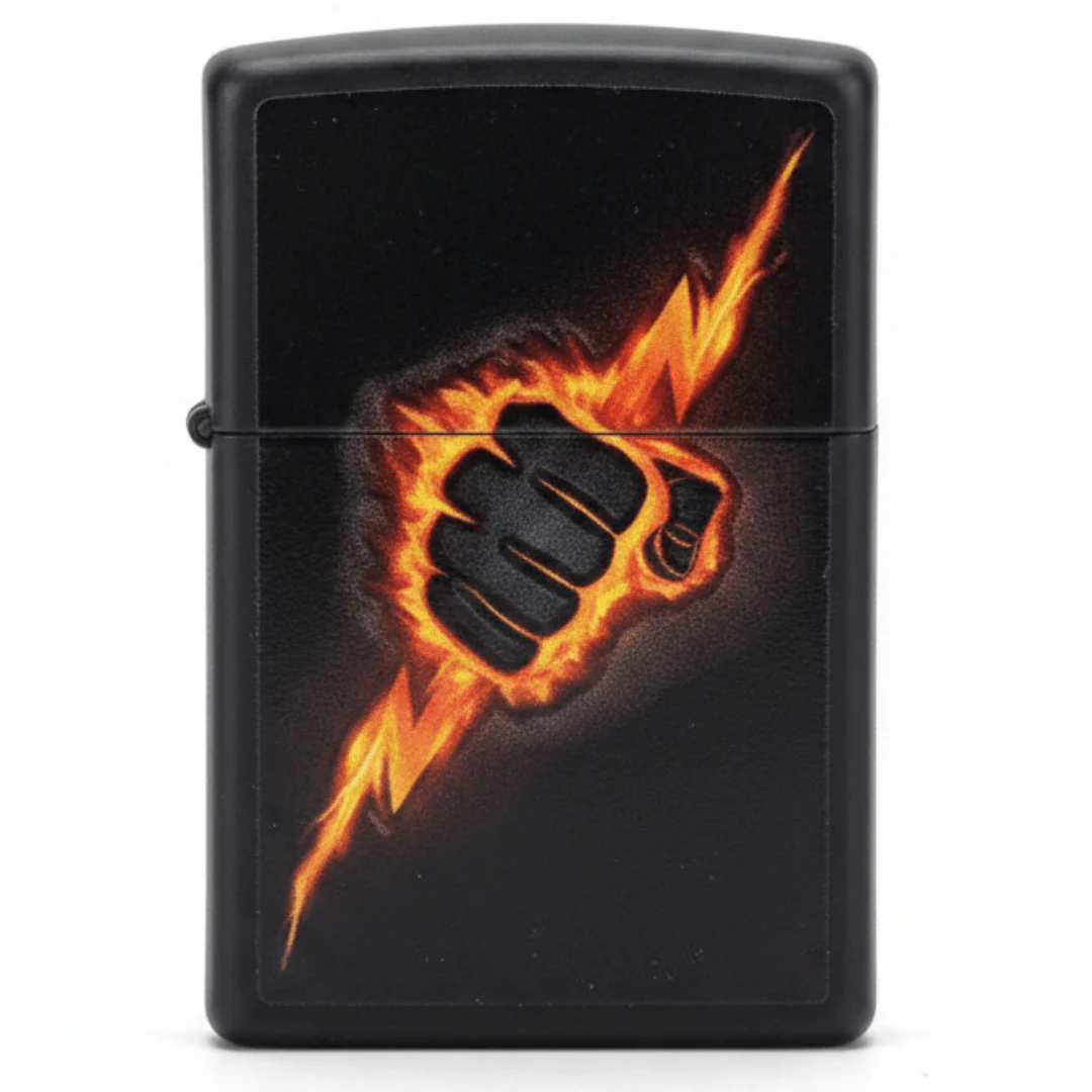 Zippo Black Flip Top Refillable Metal Lighter Lightning Bolt Fist Graphic Windproof 6×4 cm
