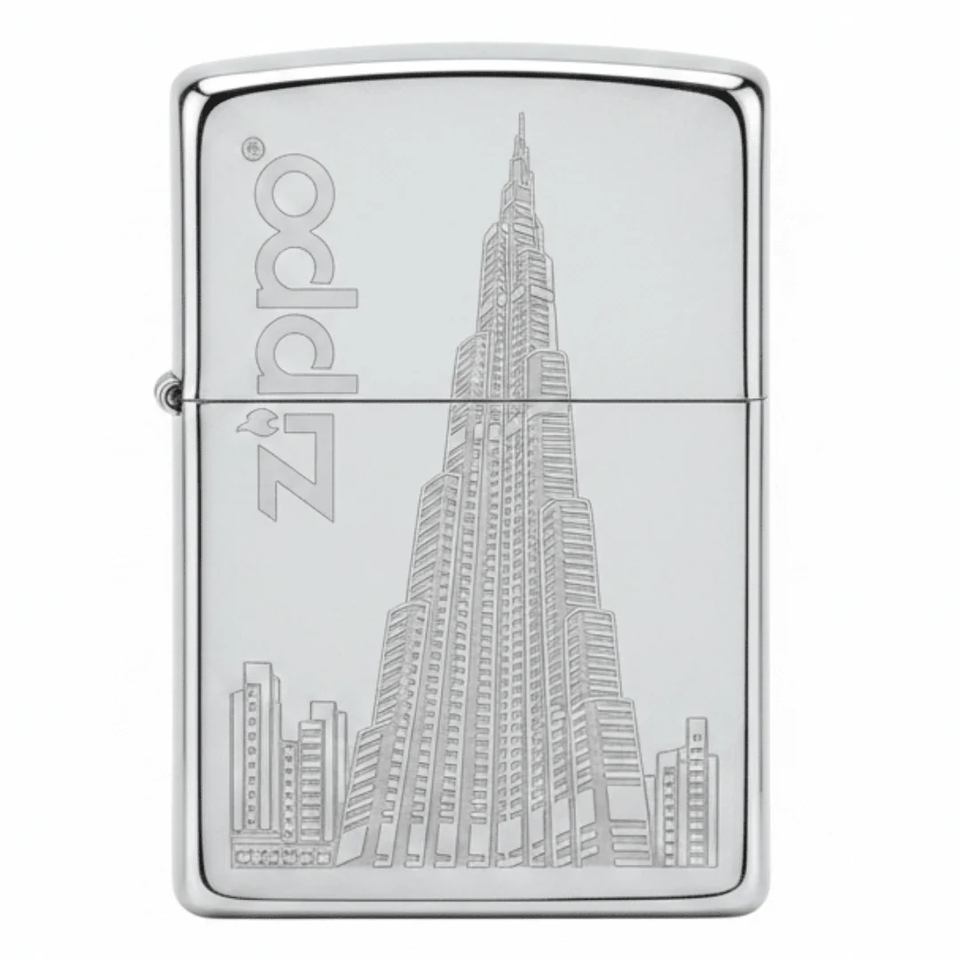 Zippo Silver Flip Top Refillable Metal Lighter Burj Khalifa Skyline Design Windproof 6×4 cm